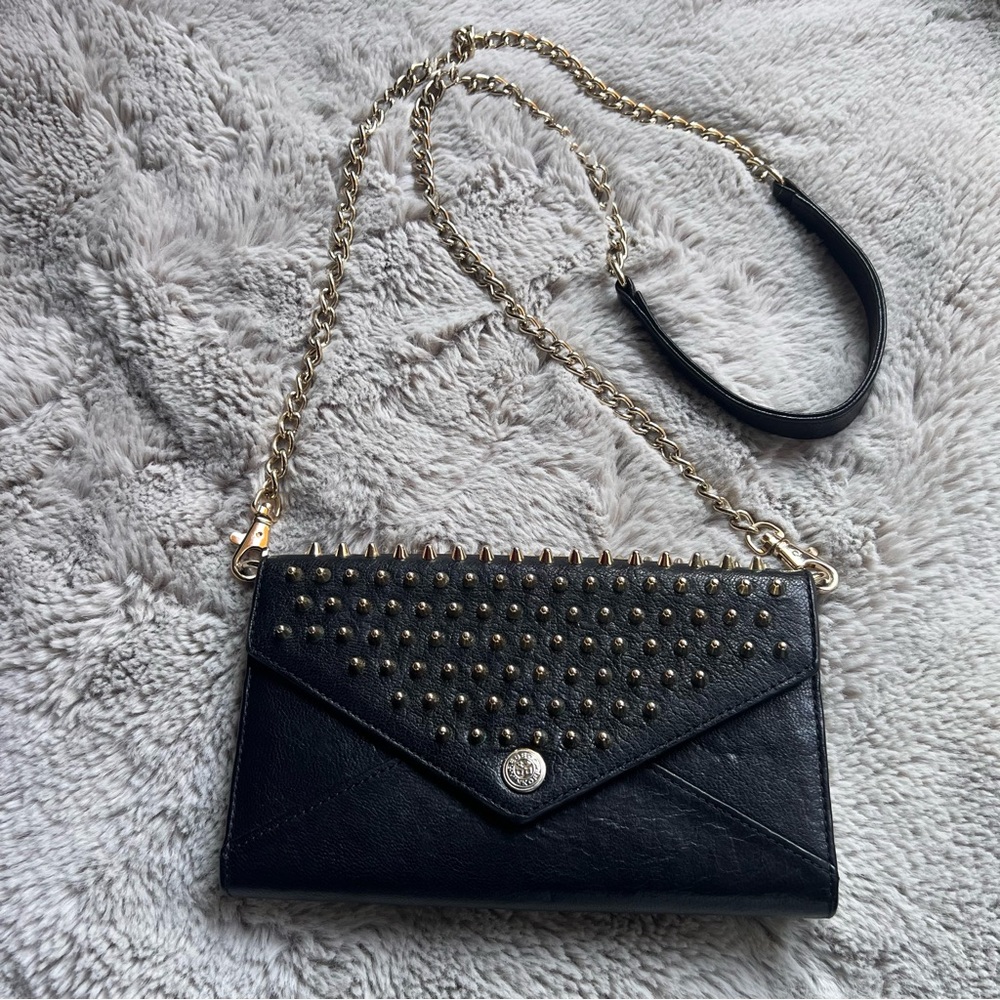 Rebecca Minkoff Crossbody Bag Studded Chain Black Leather Gold Biker Grunge Rock - Picture 8 of 16